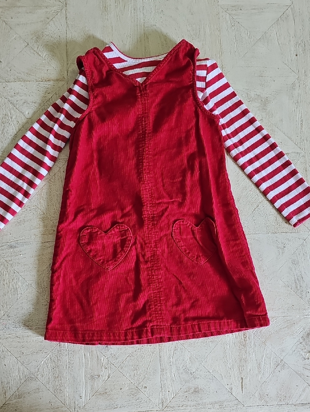 Old Navy Red Corduroy Jumper Dress with Red & White Stripe Tee